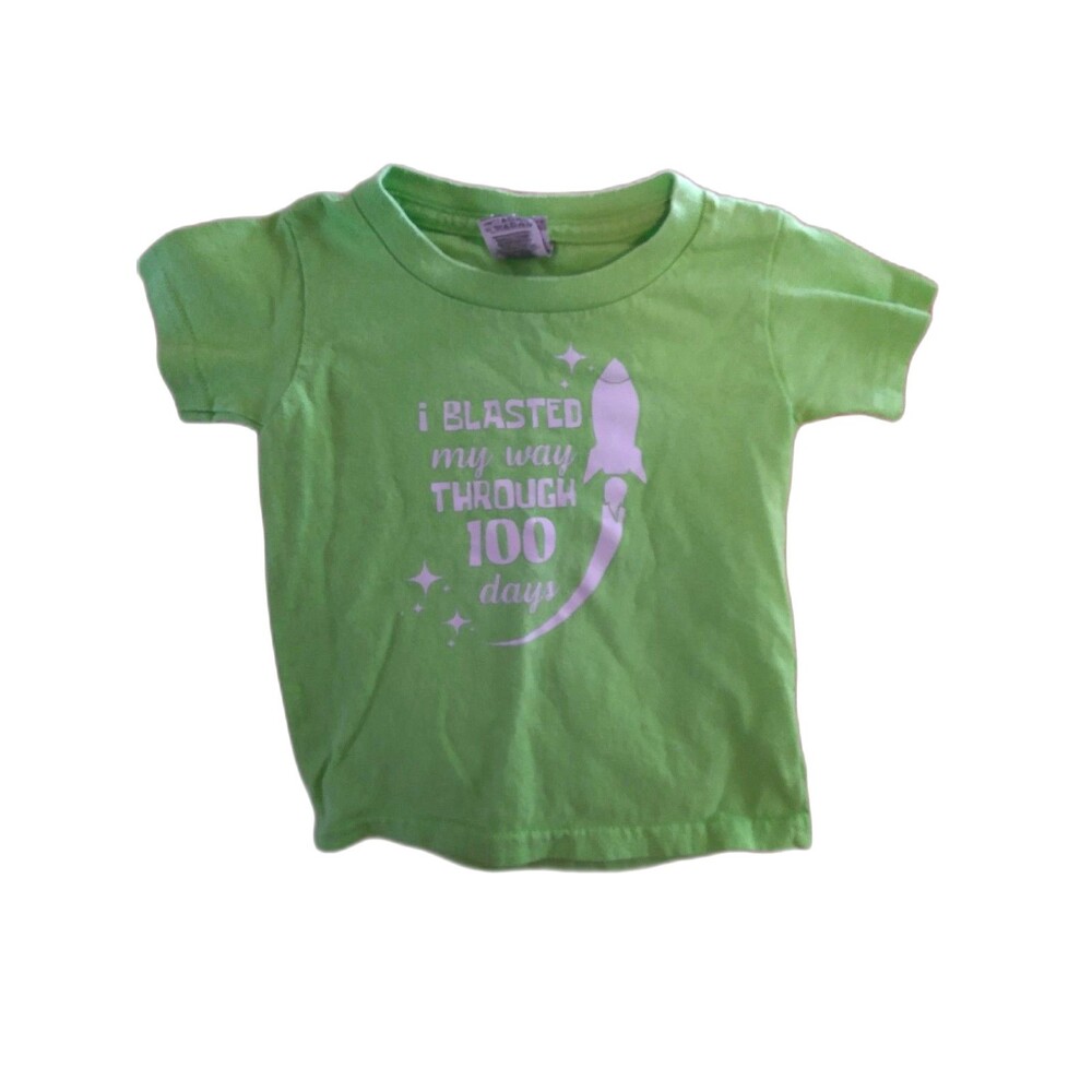 Cotton Green tee T-shirt 100 days 2t toddler rocket stars flying
